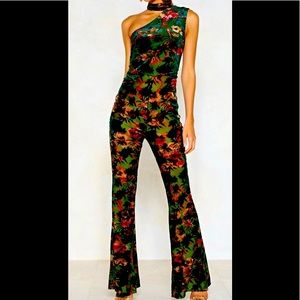 One shoulder forest green velvet jumpsuit